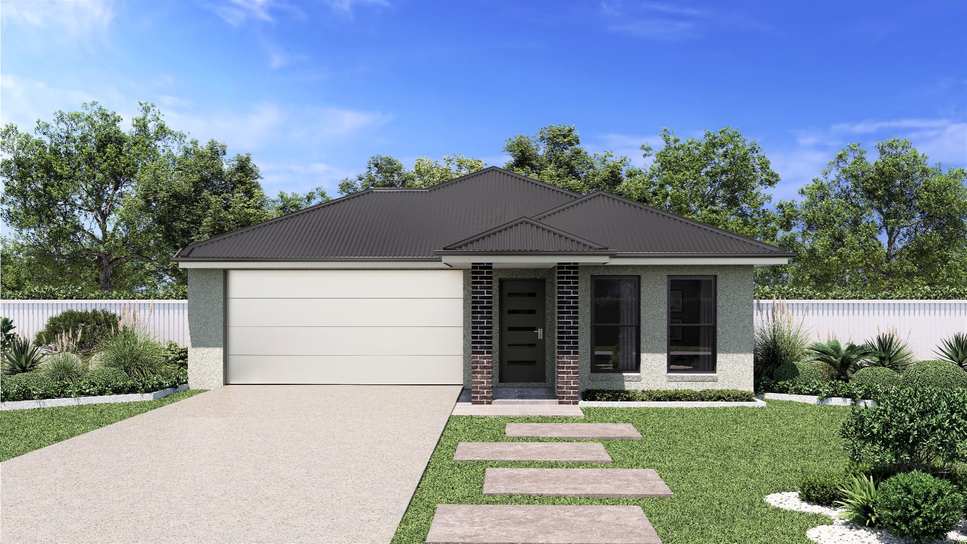 Single-storey home with light render, dark roof and brick-featured entry columns