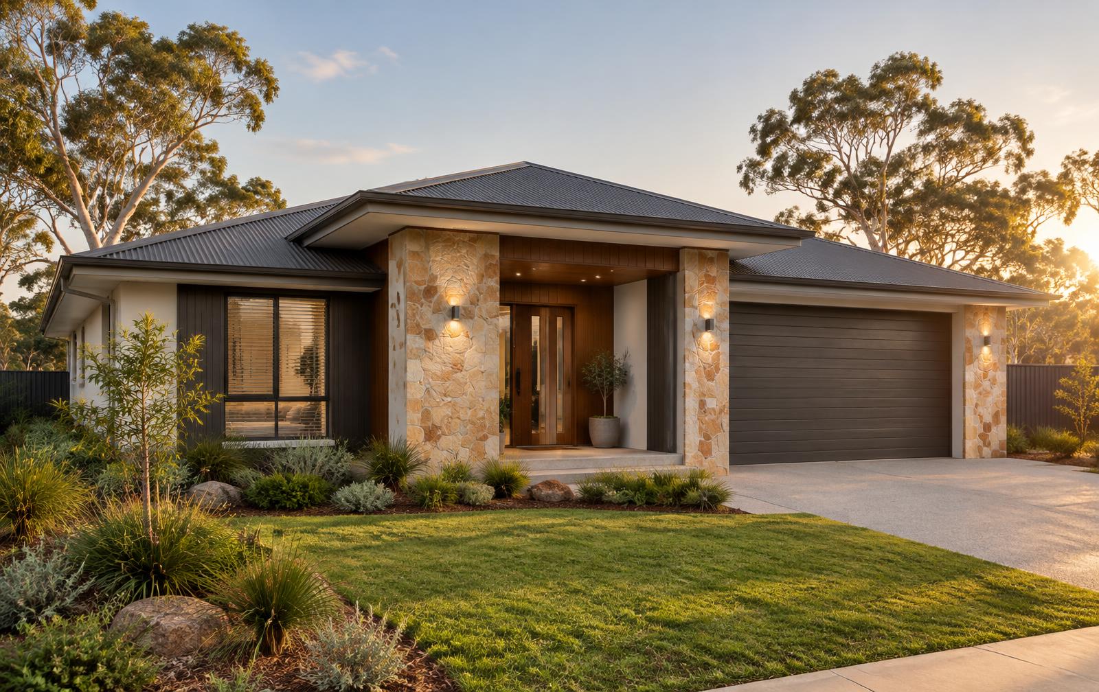 Concept illustration of a lowset single-storey home with sandstone feature pillars framing the entry