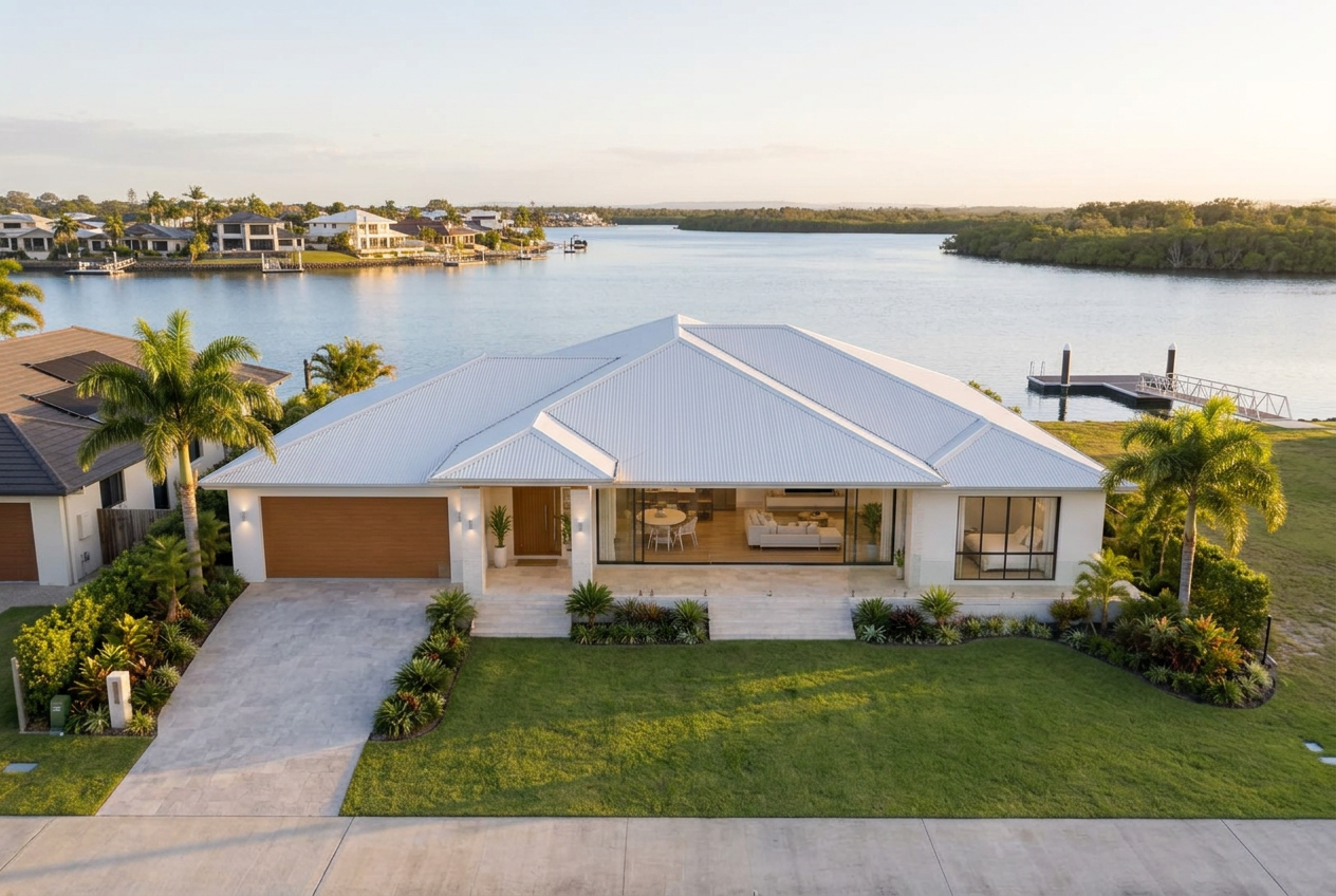 Concept illustration of a slab-on-ground home with a canal and open water behind it, alfresco and private jetty